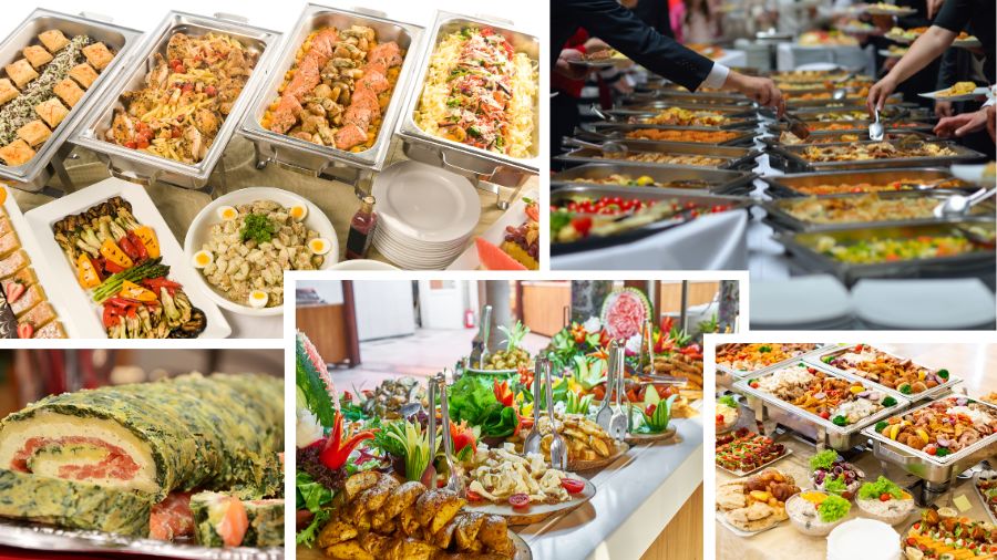 På billedet ser man en flot buffet med masser af lækkert mad til en firmafest.