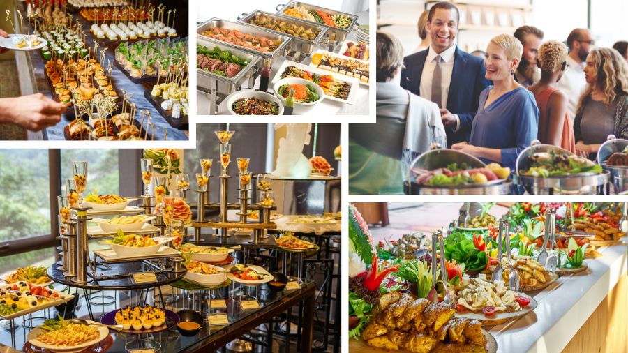 På billedet ser man en flot buffet med masser af mad og folk, der kunne være til en firmafest.