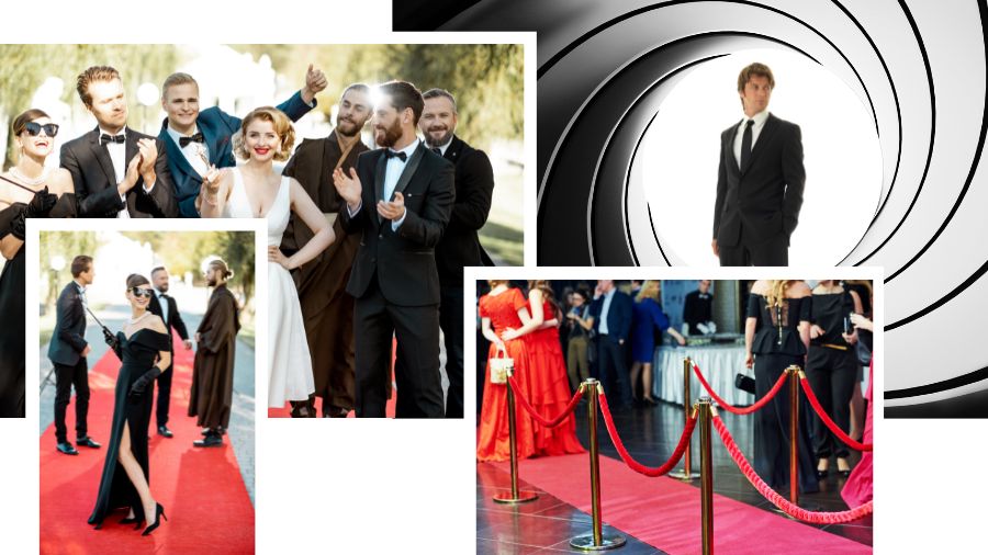 Mange personer klædt i elegante tøj er på vej til en firmafest og ser ud, som om de kunne være skuespillere fra Hollywood.