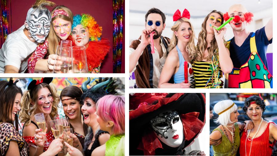 Flere sjove billeder af folk, der er udklædt i mange farver og er til en temafest