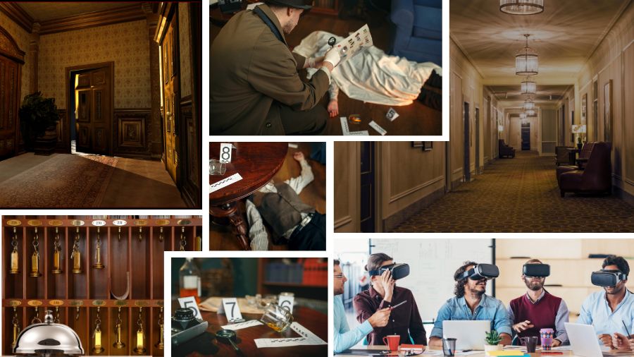 Her ses forskellige billeder af en aktiviteter til firmafest, hvor deltagerne skal opklare et mord ved hjælp af VR-briller og spor.