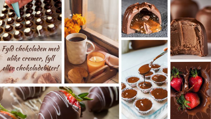 Forskellige billeder, der alle omhandler, hvordan man kan fylde chokolade med spændende cremer på et chokoladekursus.