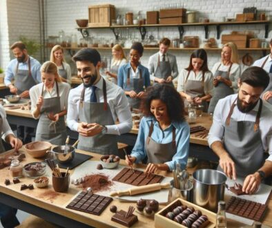 Mange personer står og arbejder med chokolade på et teambuilding chokoladekursus.