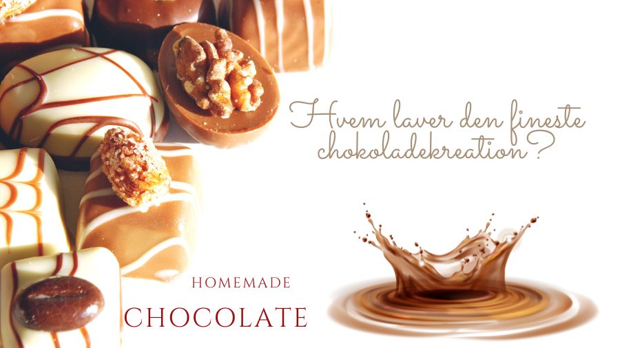 Chokoladestykker og på billedet er der en billede tekst, hvor der står hvem laver den fineste chokolade.