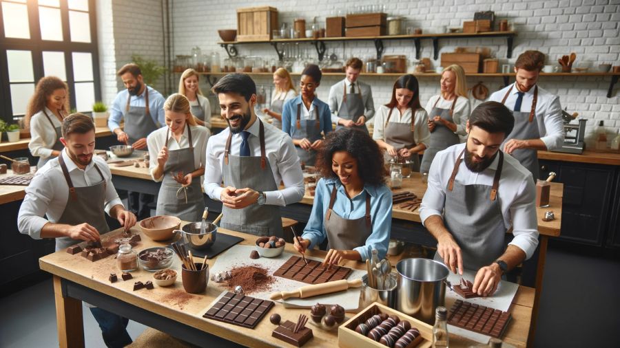 Mange personer står og arbejder med chokolade på et teambuilding chokoladekursus.