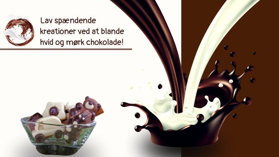 Mørk og lys chokolade bruges sammen, og man ser chokolade, der er hvid og brun.
