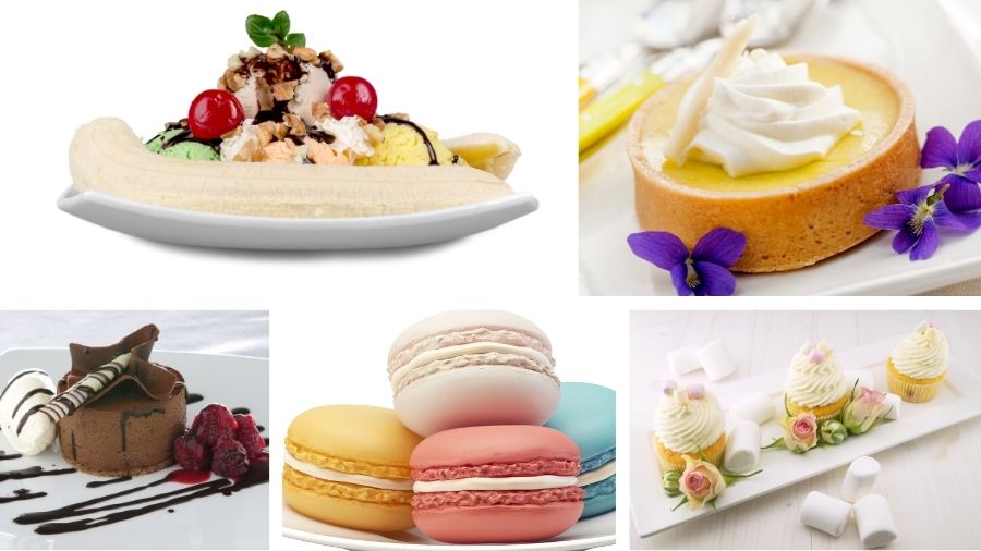Fem forskellige dessertbilleder vises, med panna cotta med bær og frugtsauce.