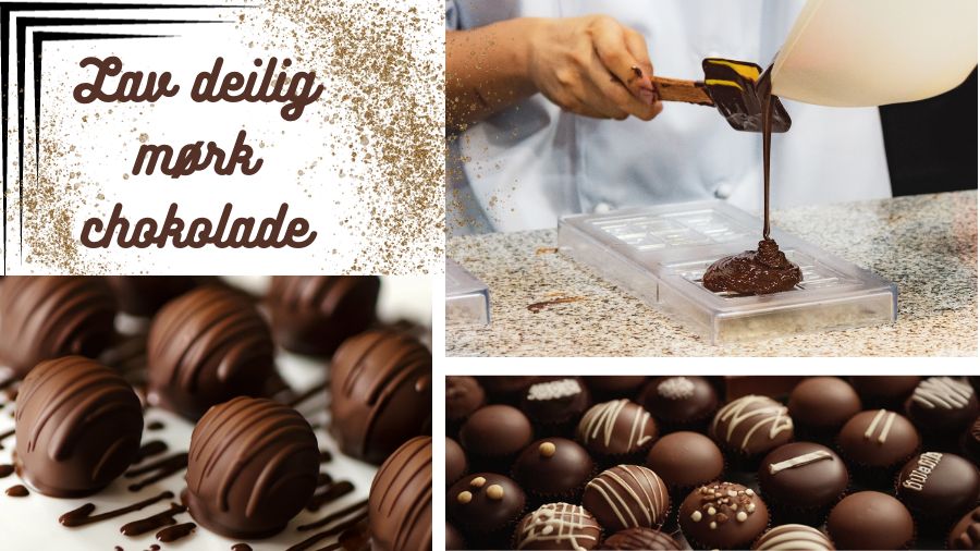 Man ser hvordan flydende mørk chokolade bliver lavet og der er en tekst på billedet, hvor der står ''lave dejlig mørk chokolade''