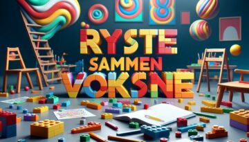 Der er legoklodser og legetøj på gulvet og en tekst bygget i legoklodser, hvor der står 'Ryste-sammen lege for voksne'.