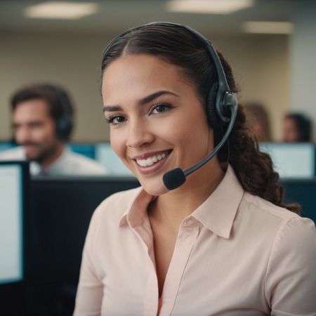 En dame smiler, mens hun sidder på et callcenter og besvarer telefonen med begejstring.