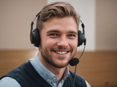 En mand smiler, mens han sidder på et callcenter og besvarer telefonen med begejstring.