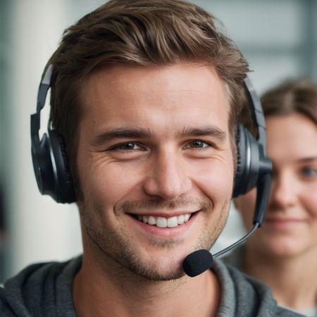 En mand smiler, mens han sidder på et callcenter og besvarer telefonen med begejstring.