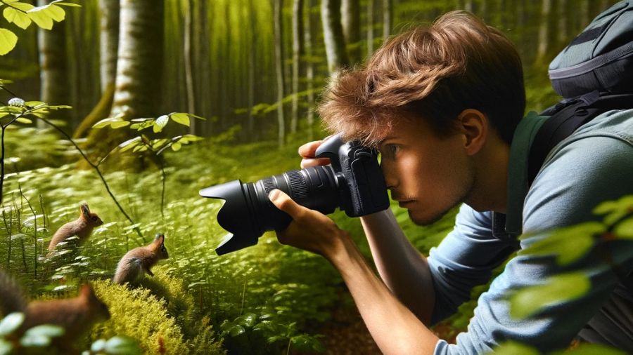 En person er i gang med en dyreglad foto-skattejagt, hvor han tager billeder af to egern.