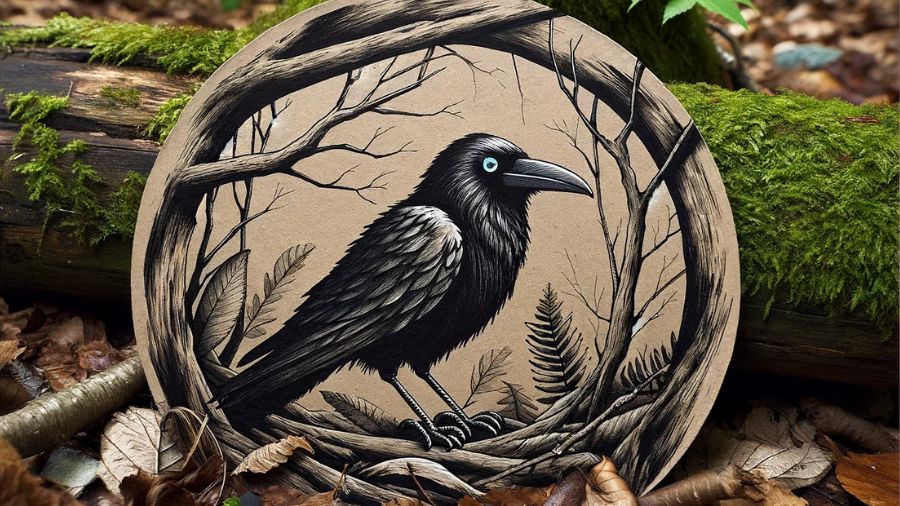 En papfigur med en sort fugl på, der kan ligne en krage, står gemt, så man skal finde dyrene i en skov