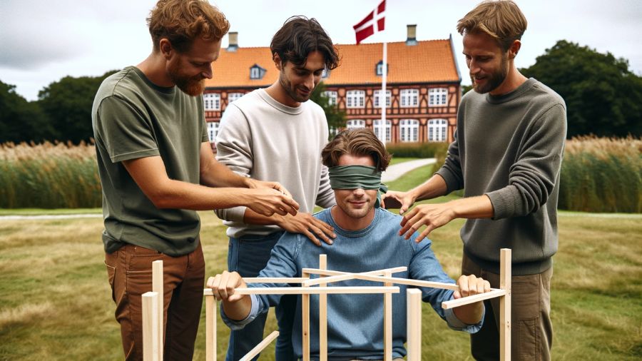 Fire personer deltager i en udendørs teambuilding-øvelse, hvor de er i gang med blindfoldet byggeri, hvor én er blindfoldet, og de andre tre fortæller, hvad han skal gøre.