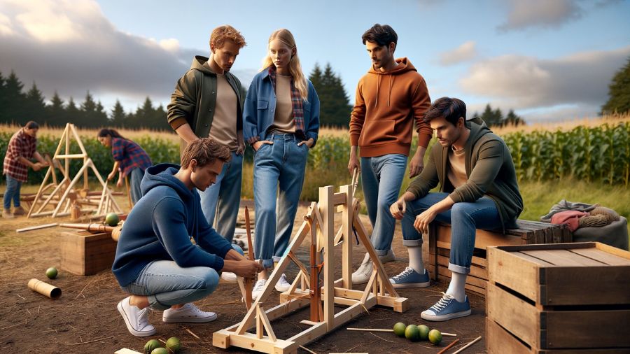 Fem personer laver teambuilding-øvelser udendørs, hvor de bygger en katapultkaster, og de arbejder alle sammen på at bygge den.