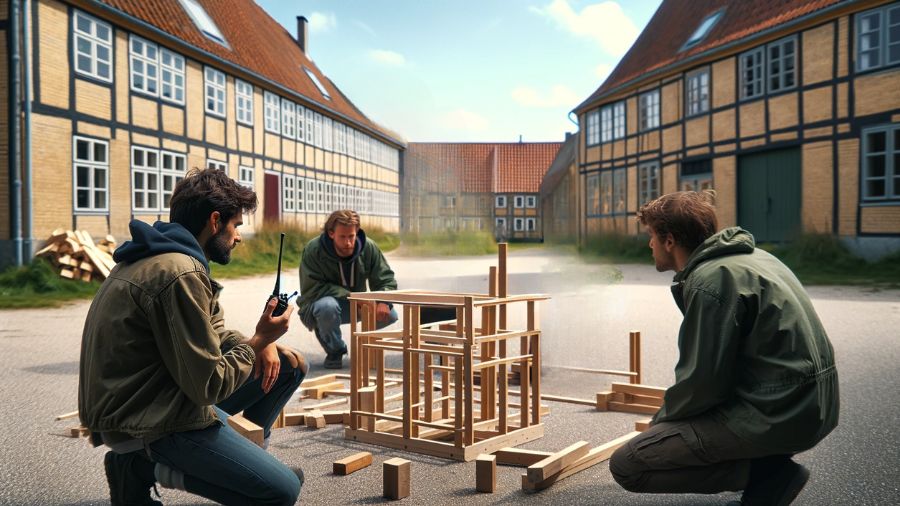 Tre personer deltager i en udendørs teambuilding-øvelse, hvor de udfører en workshop i byggeudfordringer og har sat en lille bygning op.