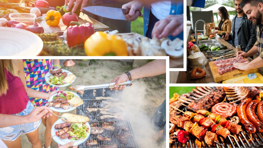 På billedet ser man folk, der står udenfor og laver mad på grillen. De skærer kød og grøntsager, mens teksten 'Gastronomi' og 'Outdoor Cooking Challenge' er synlig.