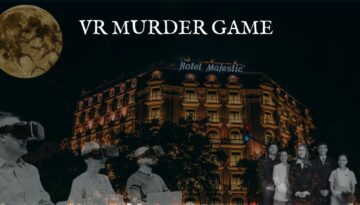 På billedet står der "VR Murder Game", og tre personer sidder med VR-briller på, mens der er et hotel i baggrunden.