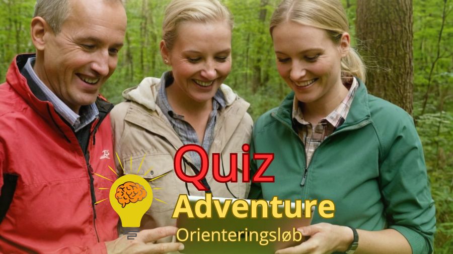 Teksten 'Orienteringsløb og Quiz Adventure' vises, mens tre personer står i naturen med en tablet.