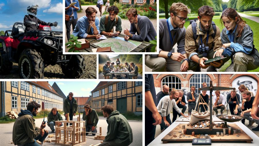 Forskellige billeder viser noget om udendørs teambuilding: Et billede viser nogen, der ser på et kort, nogen ser på en iPad, andre bygger et tårn, og en sidder på en ATV.