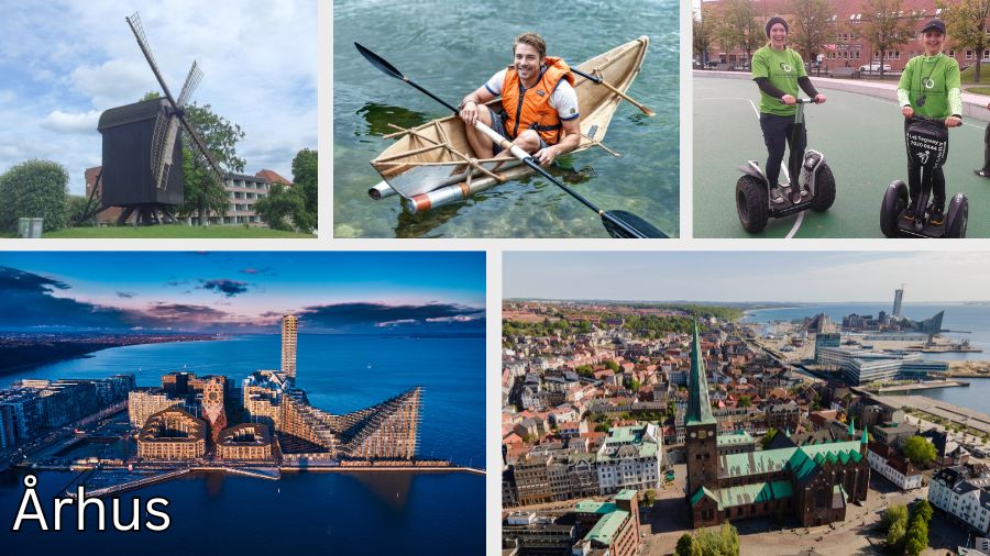 5 billeder fra Århus: et af en moderne etagebygning med vand på tre sider, en gammel kirke med kobbertag, en gammel mølle, og 2 billeder hvor de udfører teambuilding. På det ene billede laver de Hope2Float og sejler i en papbåd, og på det andet billede kører to personer på eldrevne tohjulere, som bevæger sig frem og tilbage ved hjælp af balance.