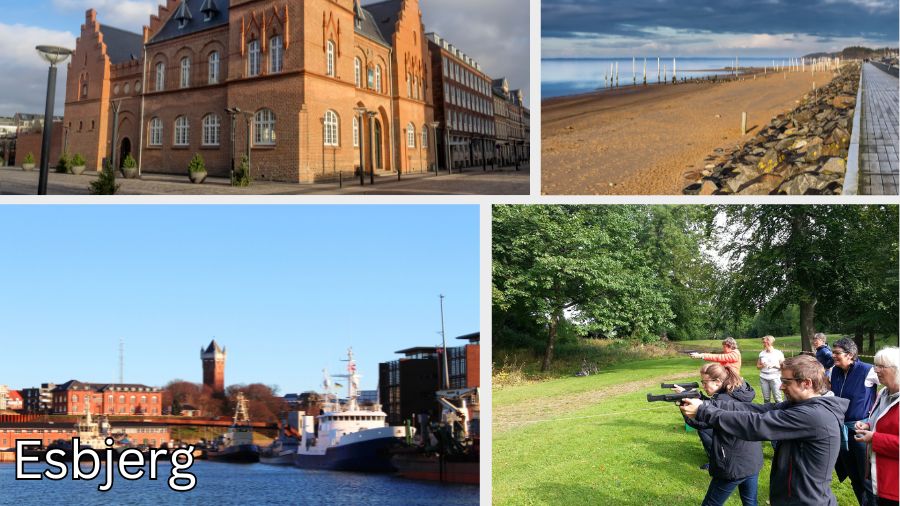 4 billeder fra Esbjerg: et fra kysten, et fra havnen med en halvstor båd, et med en kirke, og et hvor de udfører teambuilding og skyder med pistol.