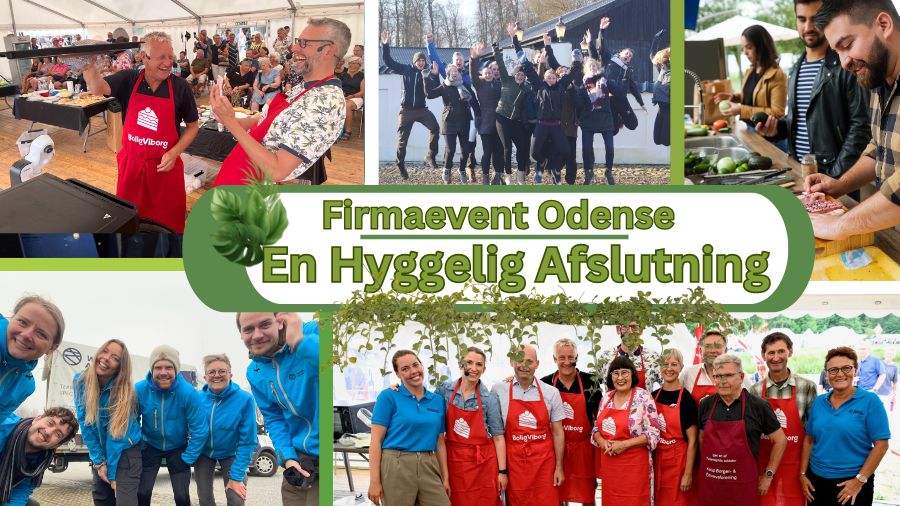 På billedet ser vi en collage af firmaevents i Odense. Øverst til venstre deltager folk i en madlavningsaktivitet, mens de smiler og hygger sig. Øverst i midten hopper en gruppe mennesker glædeligt i luften. Øverst til højre skærer en gruppe deltagere grøntsager sammen. Nederst til venstre ser vi en gruppe personer i blåt tøj, der smiler og poserer sammen. Nederst til højre står en gruppe personer i forklæder og smiler til kameraet. Teksten "Firmaevent Odense En Hyggelig Afslutning" er placeret midt på billedet.