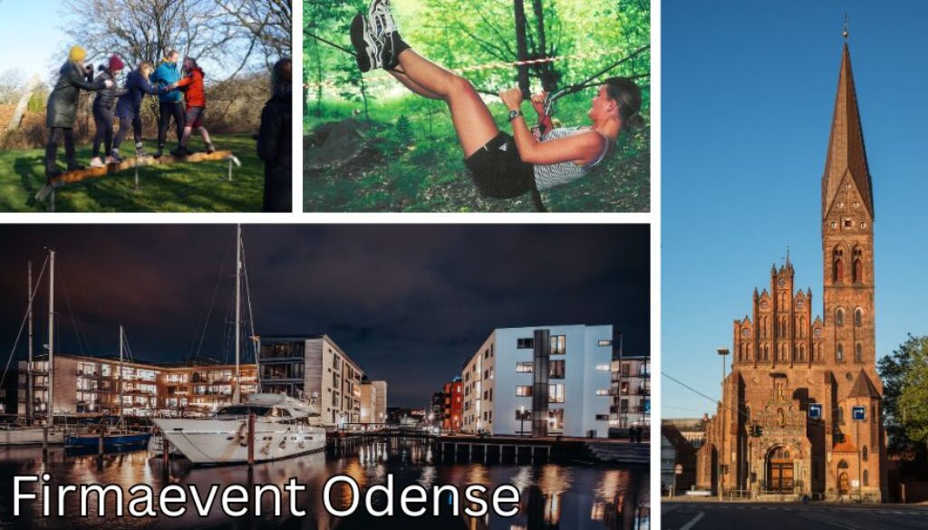 På billedet ser vi en collage af teambuilding-aktiviteter og scener fra Odense. Øverst til venstre deltager en gruppe i en balanceringsøvelse udendørs. Øverst til højre ses en person i gang med en fysisk udfordring i skoven. Nederst til venstre vises Odenses moderne havneområde om aftenen med lystbåde og moderne bygninger. Nederst til højre er en af byens ikoniske kirker fotograferet i dagslys. Teksten "Firmaevent Odense" er placeret nederst i billedet.