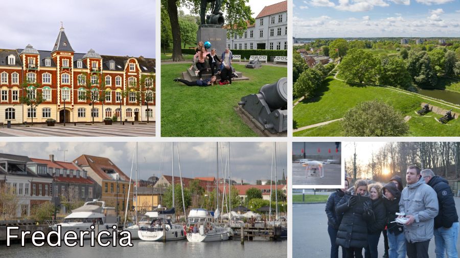 5 billeder af Fredericia: 2 fra mindepladen med gamle kanoner, et fra havnen med sejlbåde, en gammel bygning, og et hvor nogen udfører teambuilding og flyver en drone.