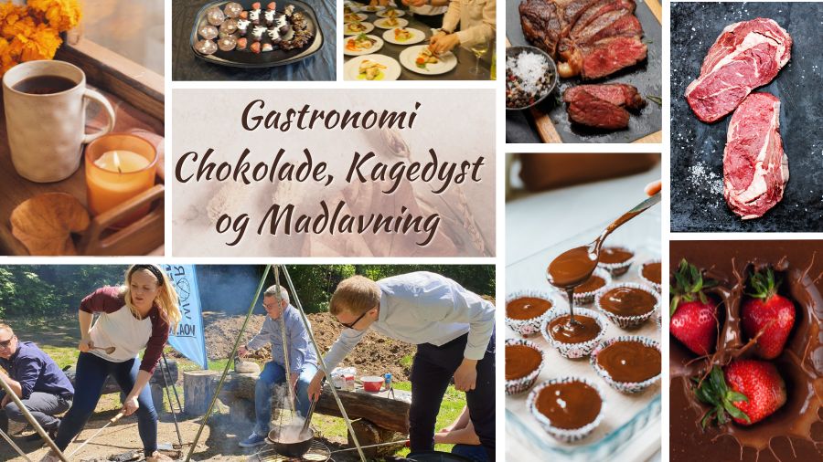 Flere billeder er sat sammen, og flere af dem viser hjemmelavet chokolade og folk, der tilbereder mad udendørs. Der er også opskåret kød. I midten er der en tekst, hvor der står "Gastronomi".