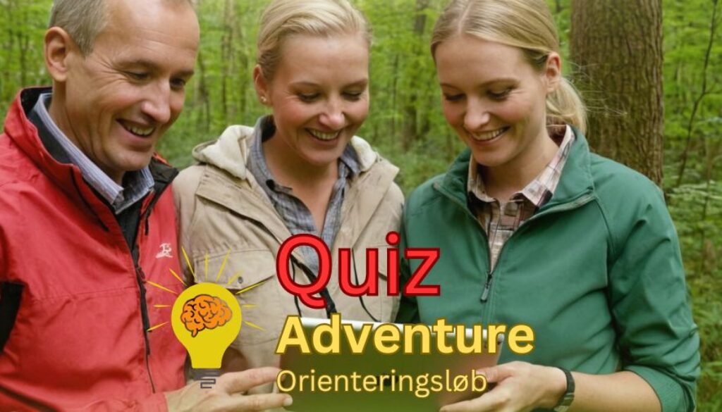 Billedet viser tre personer i en skov, der smilende kigger på en enhed, muligvis en tablet eller telefon, som en del af en aktivitet. Teksten "Quiz Adventure Orienteringsløb" er centralt placeret på billedet med en ikon af en lyspære og en hjerne, hvilket antyder en kombination af quiz og orienteringsløb. Deltagerne ser engagerede og glade ud, hvilket indikerer en sjov og interaktiv teambuilding-aktivitet i naturen.