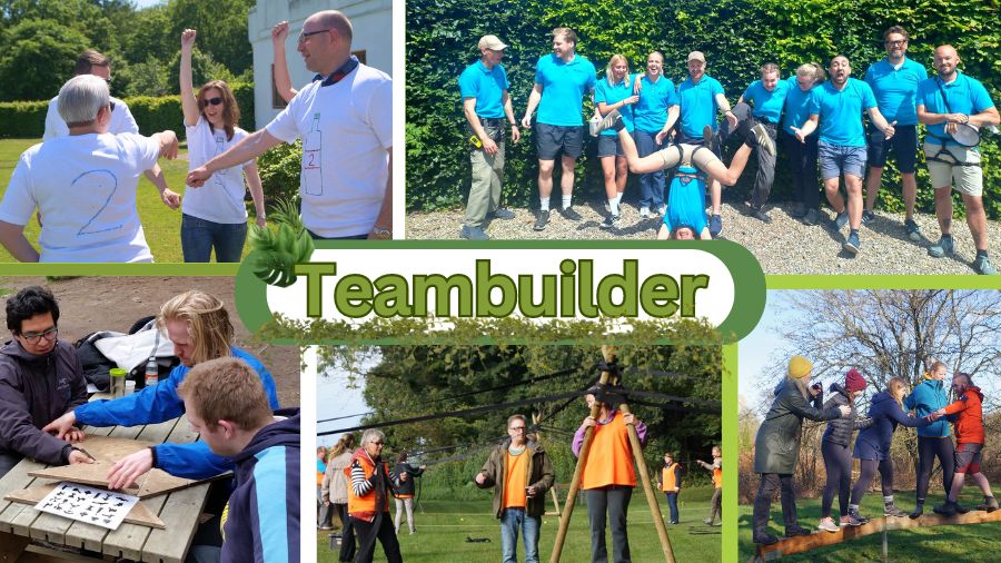 Billedet viser en collage af sjove teambuilding-aktiviteter fra Teambuilder. En gruppe mennesker fejrer succes med armene i vejret. En anden gruppe i blå t-shirts poserer sammen og har det sjovt. Deltagere arbejder sammen om en opgave ved et bord. Folk deltager i en aktivitet med reb og balancerer på en træstamme. Teksten "Teambuilder" er centralt placeret på billedet.