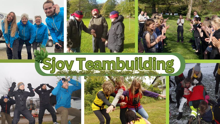 Billedet viser en collage af sjove teambuilding-aktiviteter. En gruppe mennesker i blå jakker smiler og poserer. En anden gruppe deltager i en aktivitet med bind for øjnene. Folk står i en række og klapper. En gruppe hopper glædeligt. Deltagere i farverige veste samarbejder om en opgave. En gruppe mennesker deltager i en udendørs aktivitet på sne. Teksten "Sjov Teambuilding" er centralt placeret på billedet.