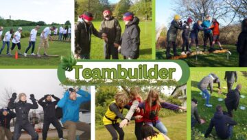 Collage med forskellige teambuilding-aktiviteter under titlen "Teambuilder". Billederne viser grupper af mennesker, der samarbejder, balancerer, og deltager i sjove udendørs øvelser, herunder aktiviteter med bind for øjnene og koordinationslege.