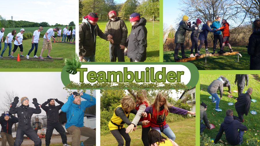 Collage med forskellige teambuilding-aktiviteter under titlen "Teambuilder". Billederne viser grupper af mennesker, der samarbejder, balancerer, og deltager i sjove udendørs øvelser, herunder aktiviteter med bind for øjnene og koordinationslege.