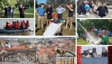 Billedet viser en collage af teambuilding-aktiviteter i Aalborg. Deltagere engagerer sig i bueskydning, rafting, og samarbejdsøvelser. En gruppe mennesker deltager i en sæbekassebil-aktivitet, mens andre arbejder på opgaver udendørs. Vi ser også en oversigt over Aalborg by og havneområdet. Teksten "Teambuilding Aalborg" er centralt placeret på billedet.