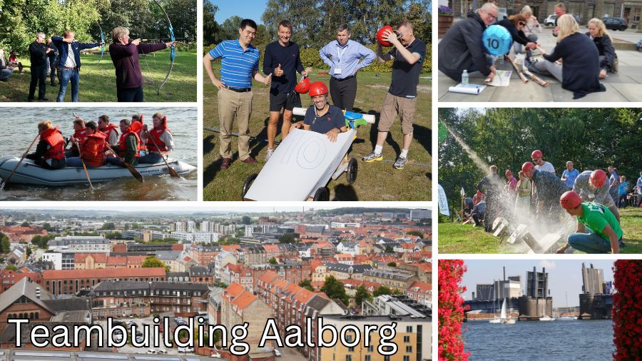 Billedet viser en collage af teambuilding-aktiviteter i Aalborg. Deltagere engagerer sig i bueskydning, rafting, og samarbejdsøvelser. En gruppe mennesker deltager i en sæbekassebil-aktivitet, mens andre arbejder på opgaver udendørs. Vi ser også en oversigt over Aalborg by og havneområdet. Teksten "Teambuilding Aalborg" er centralt placeret på billedet.