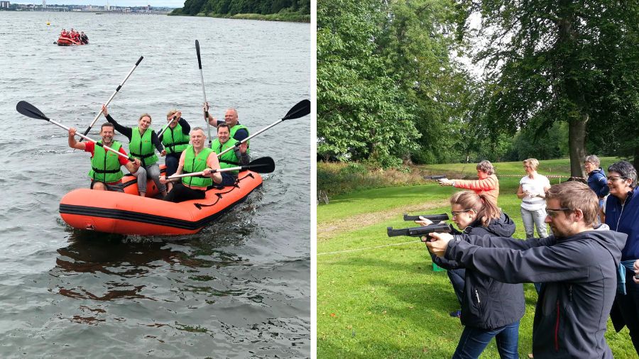 Der er to billeder fra et teambuilding event. Det ene viser en gruppe mennesker i en gummibådregatta, og det andet billede viser dem stå og skyde med pistoler.