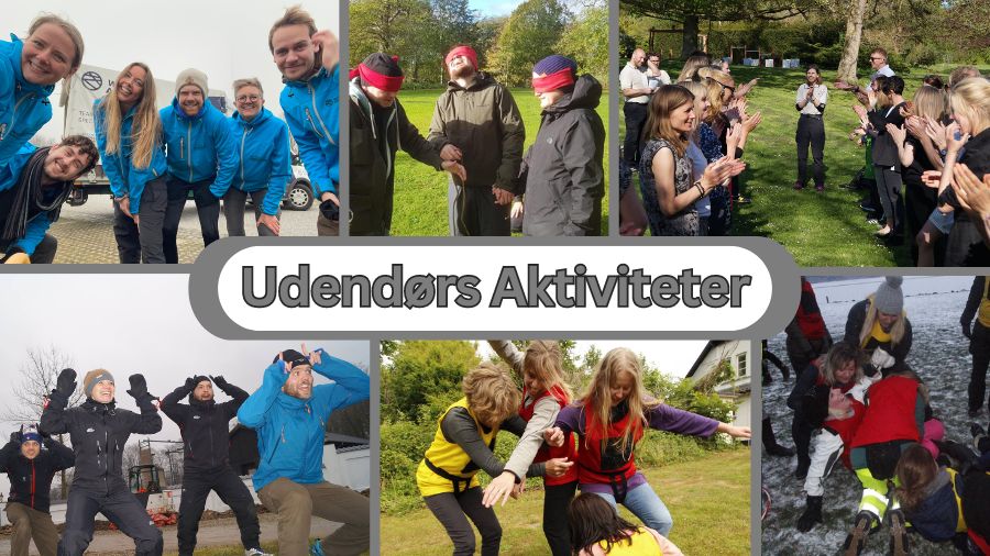 Billedet viser en collage af udendørs teambuilding-aktiviteter i København. Deltagere smiler og poserer i blå jakker, samarbejder med bind for øjnene, klapper og jubler, hopper energisk, og deltager i forskellige samarbejdsøvelser. Teksten "Udendørs Aktiviteter" er centralt placeret på billedet.