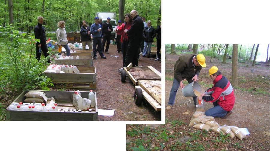 Billedet viser teambuilding-aktiviteter arrangeret af firmaet Save Tongo. På det første billede ses en gruppe mennesker, der arbejder sammen i en skov, hvor de bruger forskellige materialer og redskaber til at fuldføre opgaver. På det andet billede arbejder to personer sammen om at hælde materiale fra en spand i poser. Begge billeder viser engagerede deltagere, der samarbejder om praktiske udfordringer i et udendørs miljø. Teksten "Teambuilding firma Save Tongo" kan placeres passende i forbindelse med brugen af billedet.