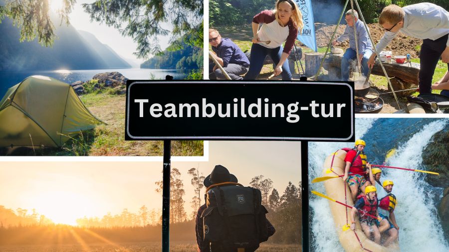 Billedet viser en collage af aktiviteter fra en teambuilding-tur. Øverst til venstre ser vi et telt opstillet ved en smuk sø omgivet af bjerge. Øverst til højre er en gruppe mennesker i gang med at lave mad over et bål. Nederst til venstre er der et billede af en person, der vandrer med en rygsæk ved solopgang. Nederst til højre ses en gruppe iført hjelme og redningsveste, der rafte ned ad en flod. Midt i billedet er der et skilt med teksten "Teambuilding-tur".