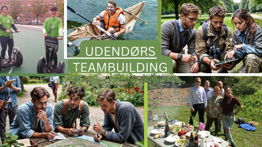 5 billeder der omhandler udendørs teambuilding: Et fra vandsport Hope2Float, hvor en person sidder i en båd af pap, et hvor 3 personer ser på en iPad, et hvor 3 personer ser på et kort, et hvor 2 personer står på et el-drevet køretøj, som bliver drevet af balance, og et hvor folk samles ude omkring mad.