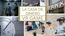 Billedet er en collage af flere billeder, der illustrerer VR-spillet "La Casa De Dinero". I midten af billedet er der en tekst med ordene "La Casa De Dinero VR Game". Billederne viser forskellige scener fra spillet, herunder to personer i tyv-tøj, overvågningskameraer, en bankbygning, en bankboks og personer iført VR-headsets.