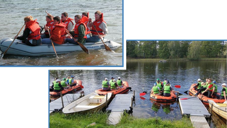 Der er to billeder, hvor man ser cirka 25 mennesker med redningsveste. Folk sidder i gummibådregatta og er klar til at sejle ud på søen.