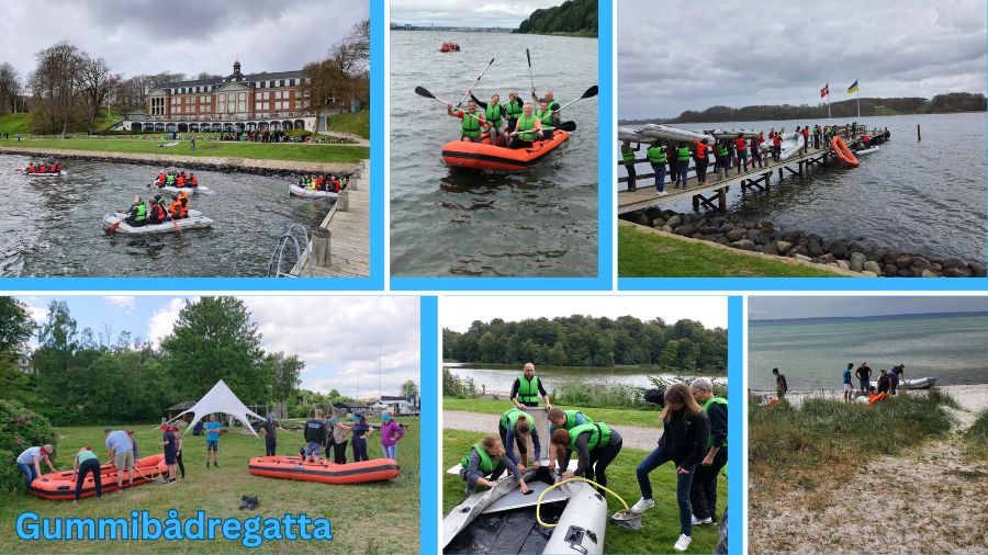 5 billeder er sat sammen alle med gummibådregatta på billedet og på nogen av billederne er de i gang med vandsport hvor de sejler i vandet, ander er de ved å pust loft i båden, der er også en billedetekst med'' Gummibådregatta''