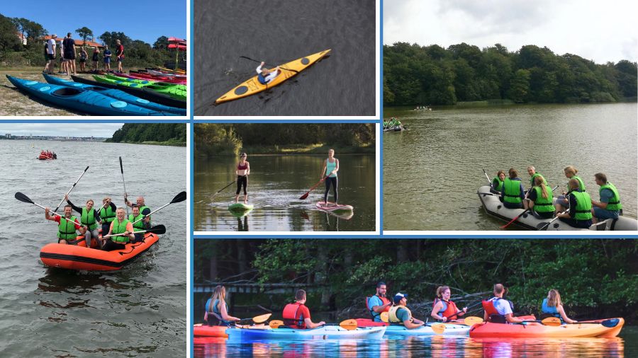 Her ser vi forskellige former for vandsport: en gruppe mennesker ror en gummibaadsregatta, og to personer padler på et paddleboard. En anden gruppe mennesker sejler kajak.