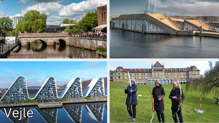 Der er 4 billeder av Vejle by: et med buede byg, et med vand, et byggeri med træ på taget, og et fra Hotel Vejlefjord, hvor nogle personer deltager i teambuilding og skyder med bue og pil.