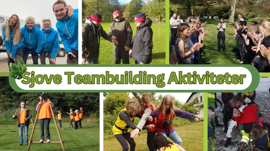 Billedet viser en collage af sjove teambuilding-aktiviteter. En gruppe mennesker i blå jakker smiler og poserer. En anden gruppe deltager i en aktivitet med bind for øjnene. Folk står i en række og klapper. En gruppe mennesker hopper glædeligt. Deltagere i farverige veste samarbejder om en opgave. En anden gruppe deltager i en udendørs aktivitet med balance. Deltagerne er også med i en udendørs aktivitet på sne. Teksten "Sjove Teambuilding Aktiviteter" er centralt placeret på billedet.