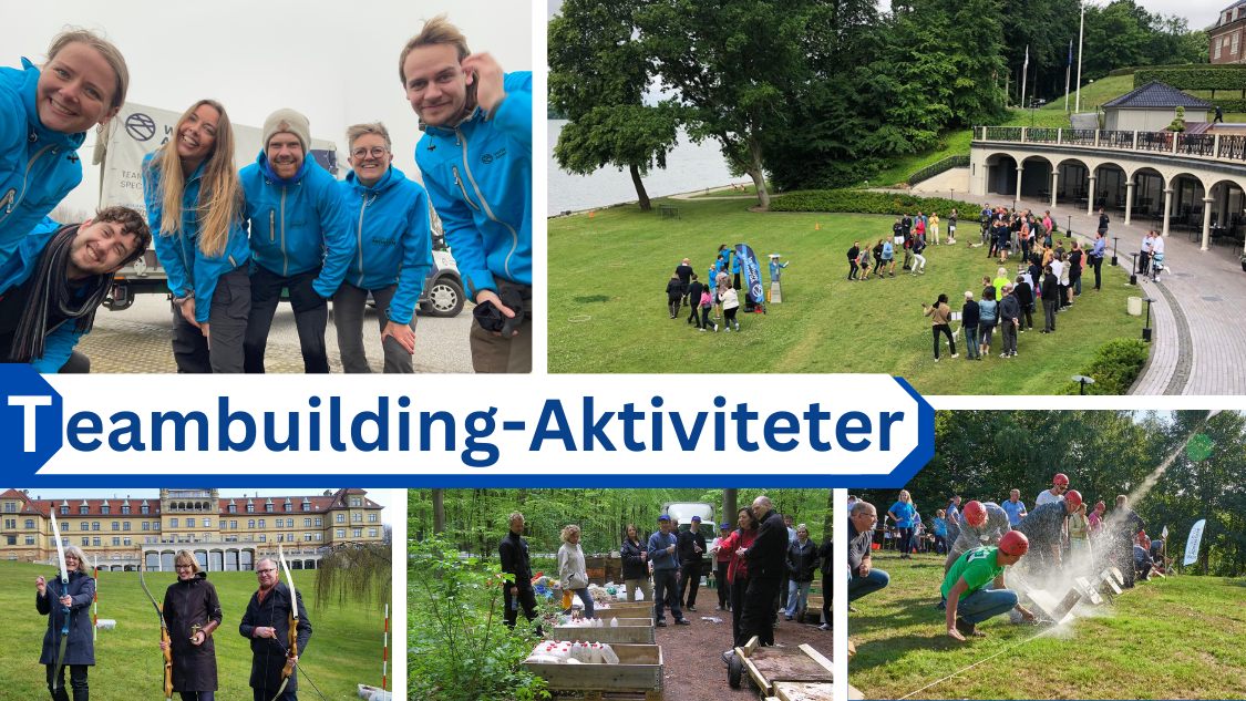 ledet viser en collage af teambuilding-aktiviteter. En gruppe mennesker i blå jakker smiler og poserer. En stor gruppe mennesker deltager i forskellige udendørs aktiviteter på en græsplæne. Deltagere skyder med bue og pil, og en gruppe er engageret i udendørs samarbejdsøvelser med hjelme og vand. Teksten "Teambuilding-Aktiviteter" er centralt placeret på billedet.